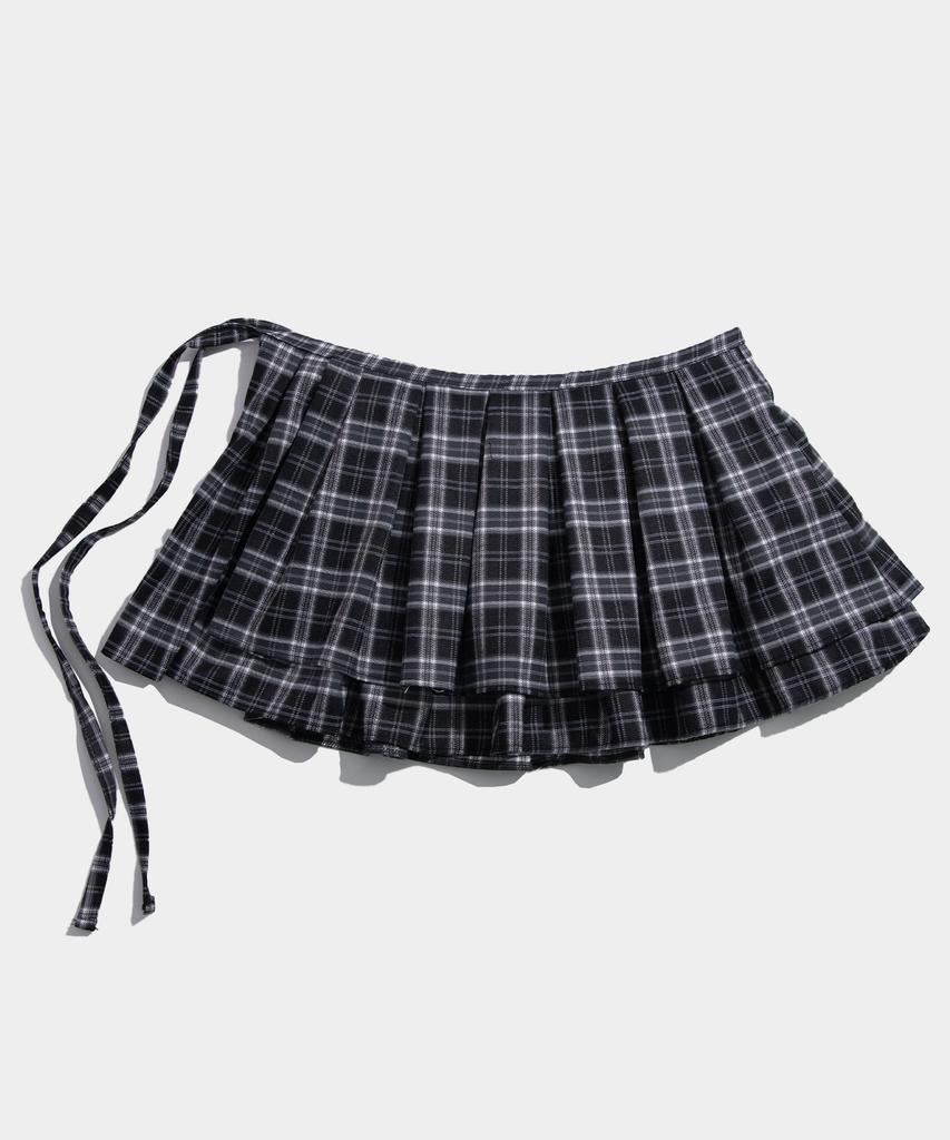 Some Place [Larajin X Some] Frill Check Layered Cotton Wrap Short Pleated Skirt [Black]