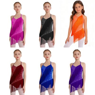 Girls Latin Dance Costume Sleeveless Halter V Neck Backless Shiny Rhinestones Tassels Leotard