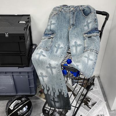 Ανδρικό ίσιο παντελόνι με φαρδύ πόδι High Street, Brand Flame Cross Wash Jeans