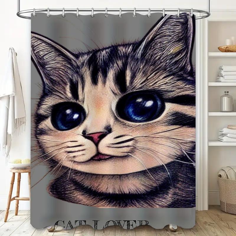 Whimsical Cat Shower Curtain Large Size Blue Eyes Kitten Print Bath Liner Perfect Gift for Cat Lovers