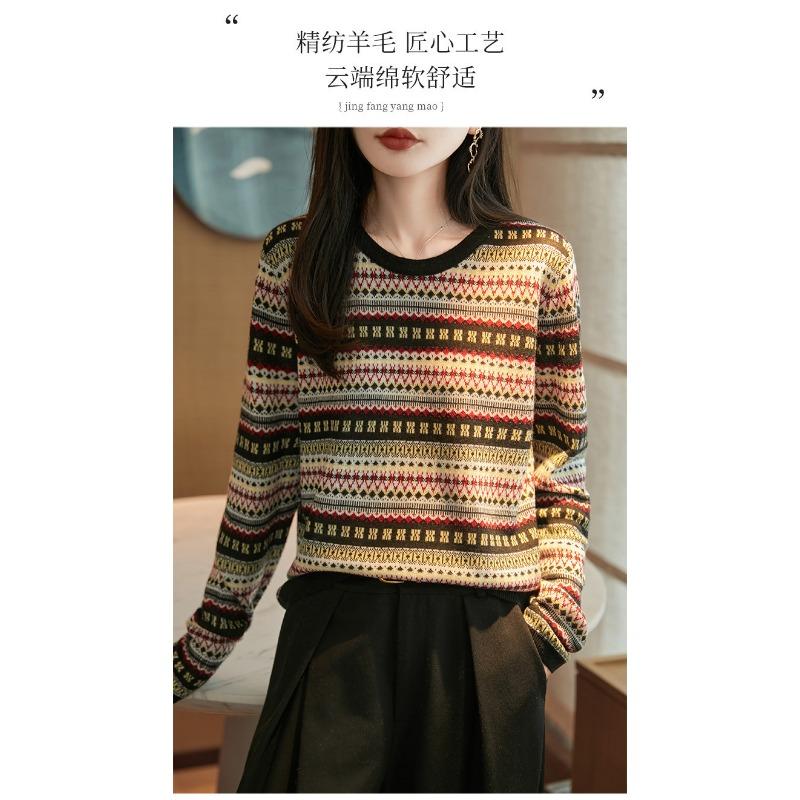 Autumn Winter Vintage Ethnic Women S Round Neck Knitted Sweater