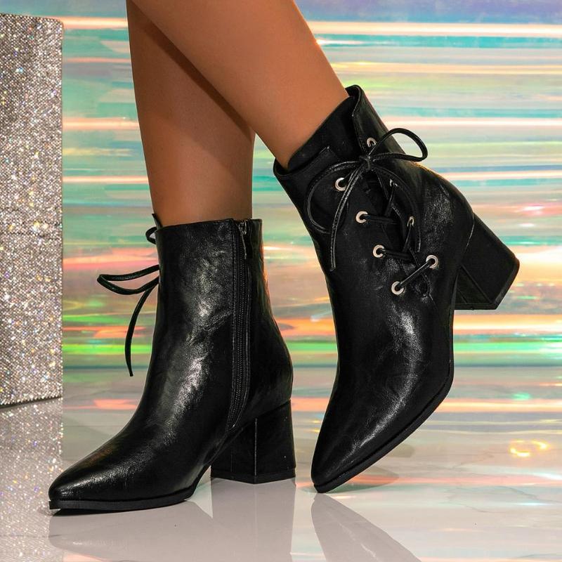 Fashion Sexy Pointed Toe Lace Up High Heel Ankle Boots Women Fashion Side Zipper Thick Bottom Designer Boots Big Size Black Botas Mujer