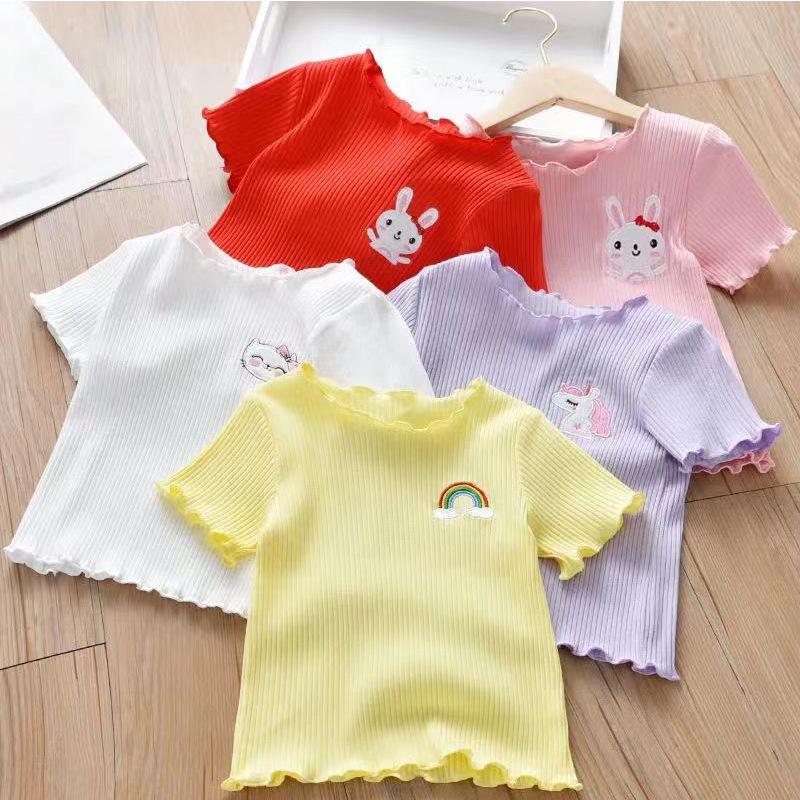 Ice Silk Embroidered Ruffle Sleeve Kids' T-Shirt - Cute Summer Top for Little Girls