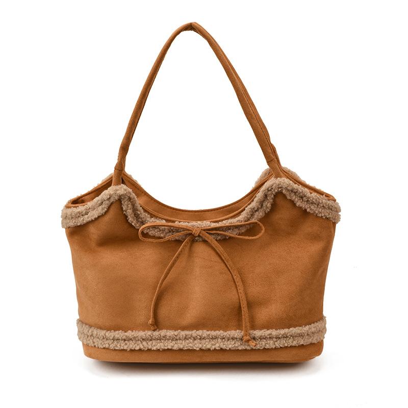 Niche lamb wool splicing underarm bag women's 2025 new bow large-capacity shoulder commuter tote bag