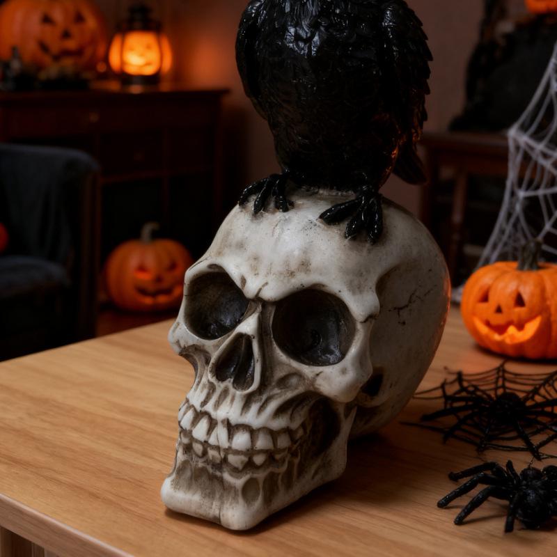 Resin Skull with Crow Ornament - Halloween Decoration and Gift