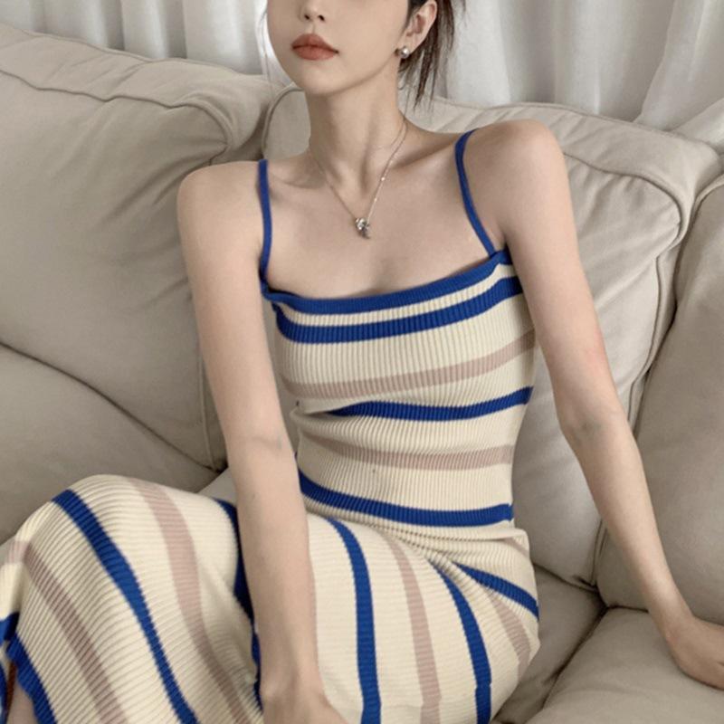 Striped Knitted Suspender Skirt Summer Clavicle Vest Dress Women's Waistband Hip Skirt Mid-length Sleeveless Skirt