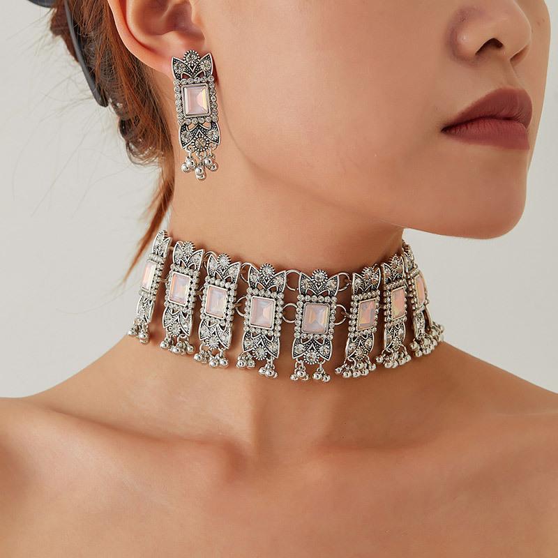 Modisches Retro Edelstein Geometrisches Halsketten- & Ohrring-Set