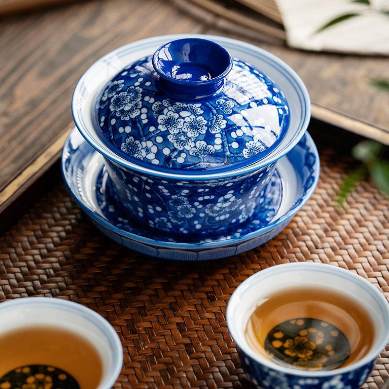 Porcelain Gaiwan Blue and White Plum Tea Tureen Blossom Sancai Chinese Kungfu Teacup Infuser Tea Bowl Household Kitchen Teaware