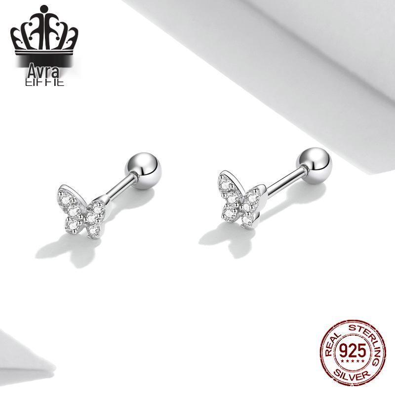 Sterling Silver S925 Simple Butterfly Earrings with White Gold Plated Zircon