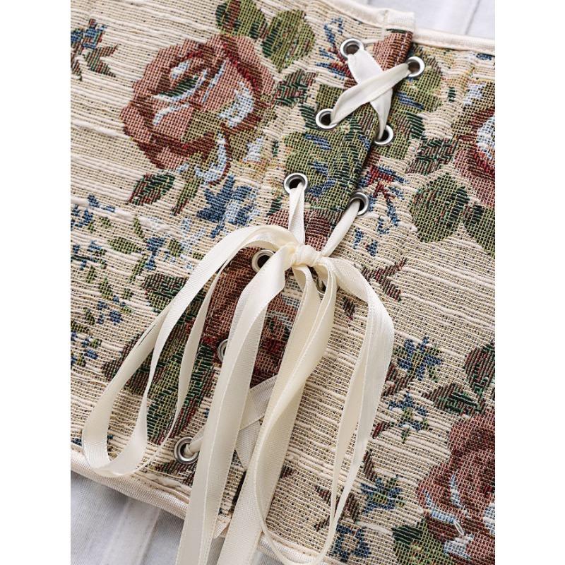 Vintage Floral Print Corset Top Strapless Boned Lace Up Back Bustier Top Retro Jacquard Corset Shapewear for Women