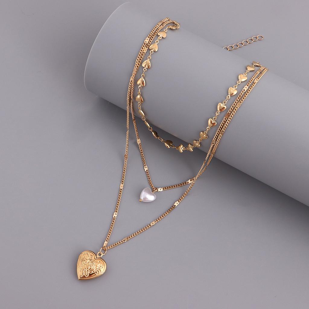 Temperament multi-layer love chain pearl can be opened peach heart pendant necklace female ins wind