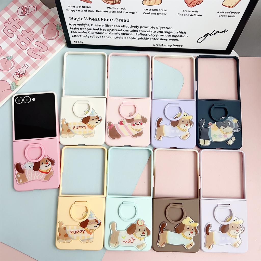 For Samsung Galaxy Z Flip7 5G Case Skin Touch Silicone Ring PC TPU Phone Cover with Cartoon Dachshund Sticker