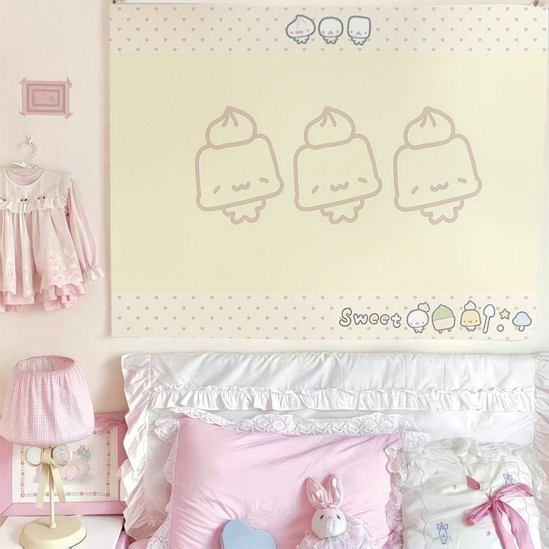 Kawaii Cartoon Stickers Tapestry Wall Hanging Pastel Pink Yellow Cute Characters Aesthetic Wall Art Bedroom Dorm Decor