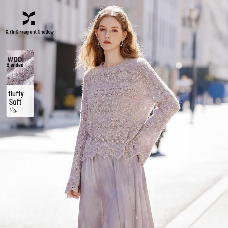 Xiangying Women s Purple Hollow Crochet Knit Sweater M