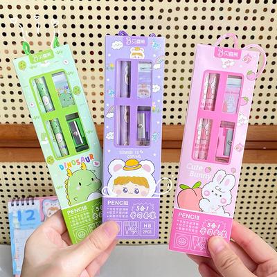 5 In 1 Pencil Set Portable Stationery Prize Cute Cartoon Stationery Gift Box Set School Supplies Writing Tool Stationery Set