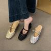 Golden woven mesh bag head half slippers women's shoes outer wear 2025 summer medium and high heel Mary Jane half tray single shoes