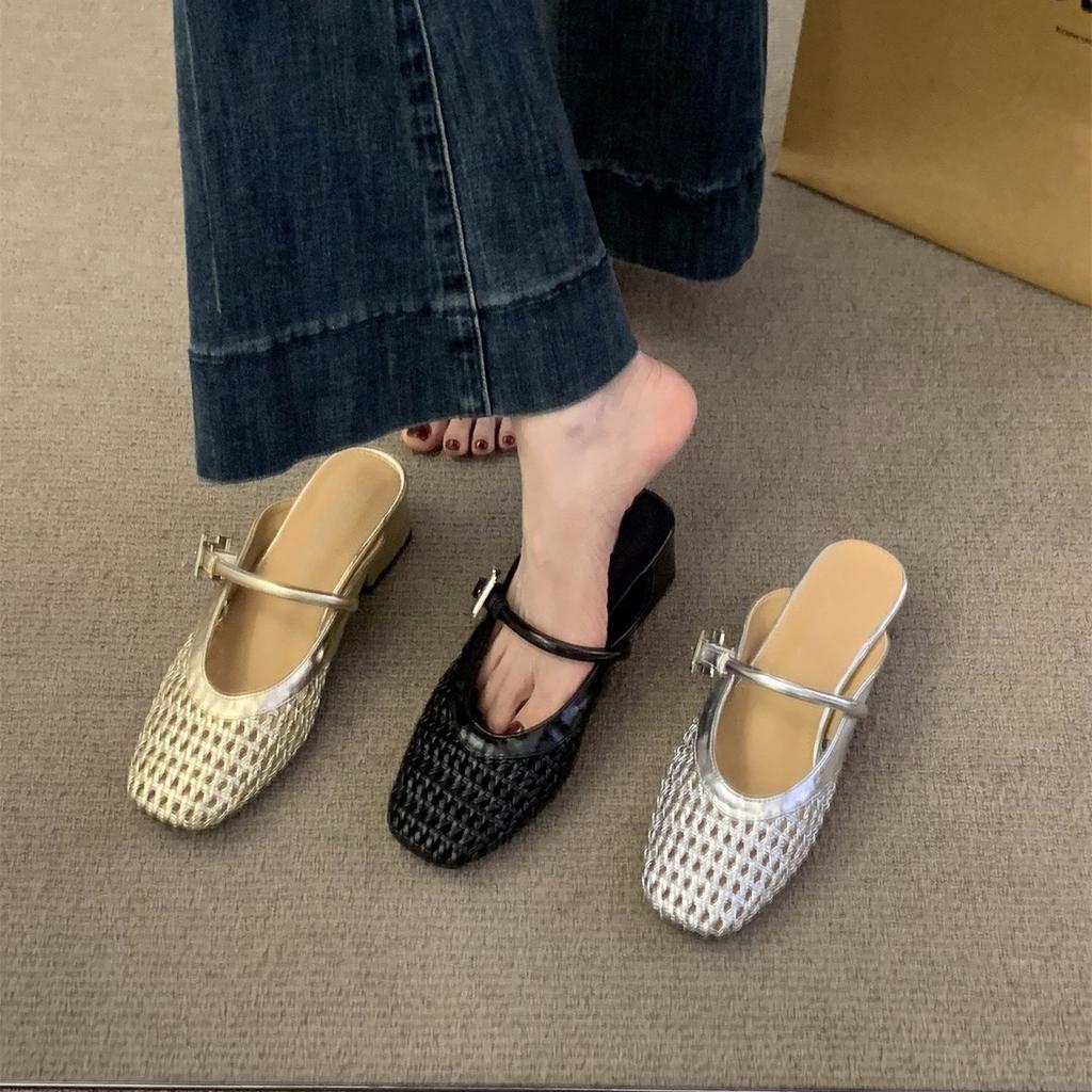 Golden woven mesh bag head half slippers women's shoes outer wear 2025 summer medium and high heel Mary Jane half tray single shoes