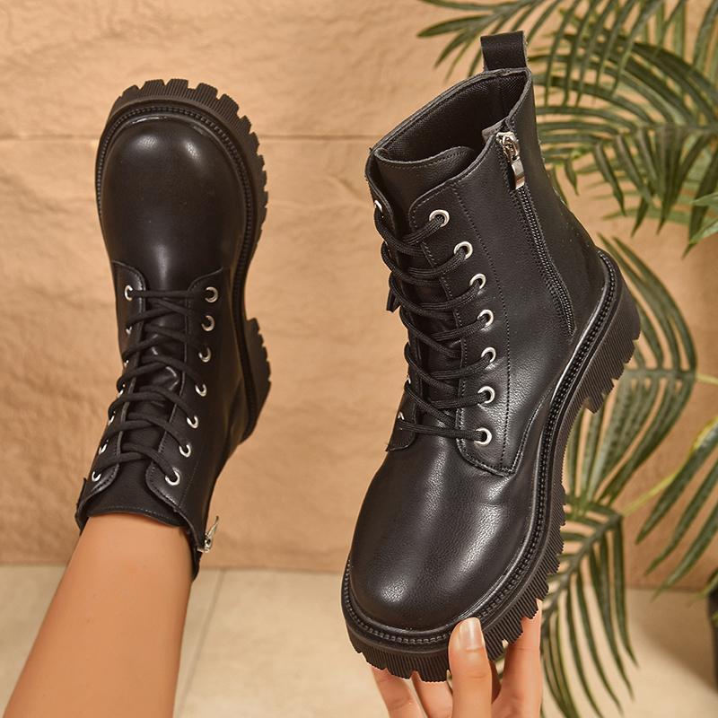 Black Pu Leather Motorcycle Boots Women  Fashion Lace Up Platform Ankle Boots Woman Plus Size 42 Zipper Gothic Shoes Female