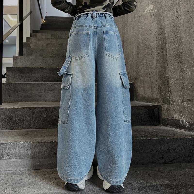 Spring Autumn Girls' Cargo Jeans for Girls Loose Casual Elastic Waist Teenage Children Wide Leg Pants Design Streetwear Kids Trousers
