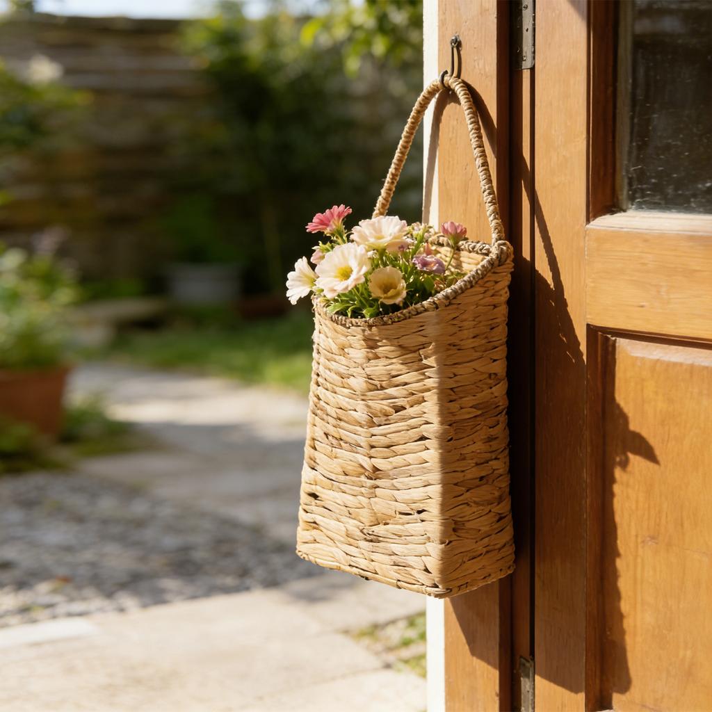 Woven Hanging Wall Basket Water Hyacinth Hanging Wall Basket Wicker Handmade Rattan Wall Planter For Garden Home Flowers Hanging Planters