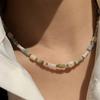 Elegant Green Stone & Mother-of-Pearl Bamboo Necklace – Women's Mixed Metal Choker