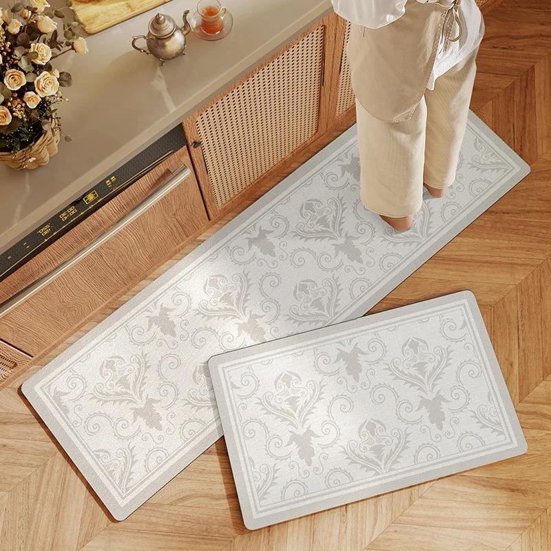 Fiber Leather Natural Rubber Kitchen Floor Mat, Soft Q-elastic Long Kitchen Mats Absorbs Water, Oil and Non-slip Foot Pads
