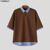 INCERUN Oversized Men Stitching Lapel Neck Short Sleeve Plaid Print Casual Texture T-shirts Tops