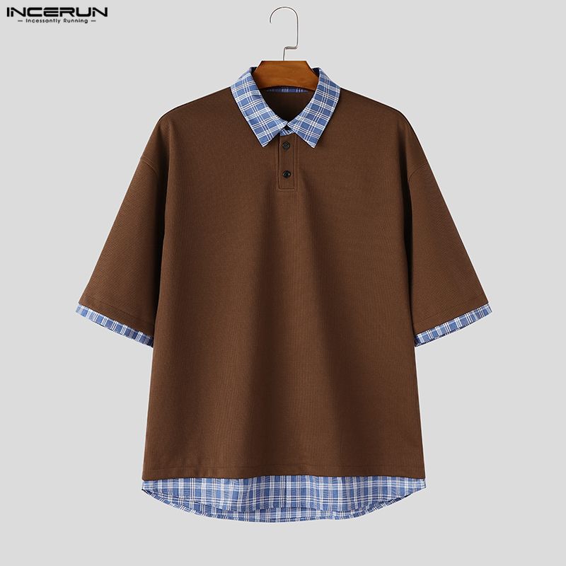INCERUN Oversized Men Stitching Lapel Neck Short Sleeve Plaid Print Casual Texture T-shirts Tops