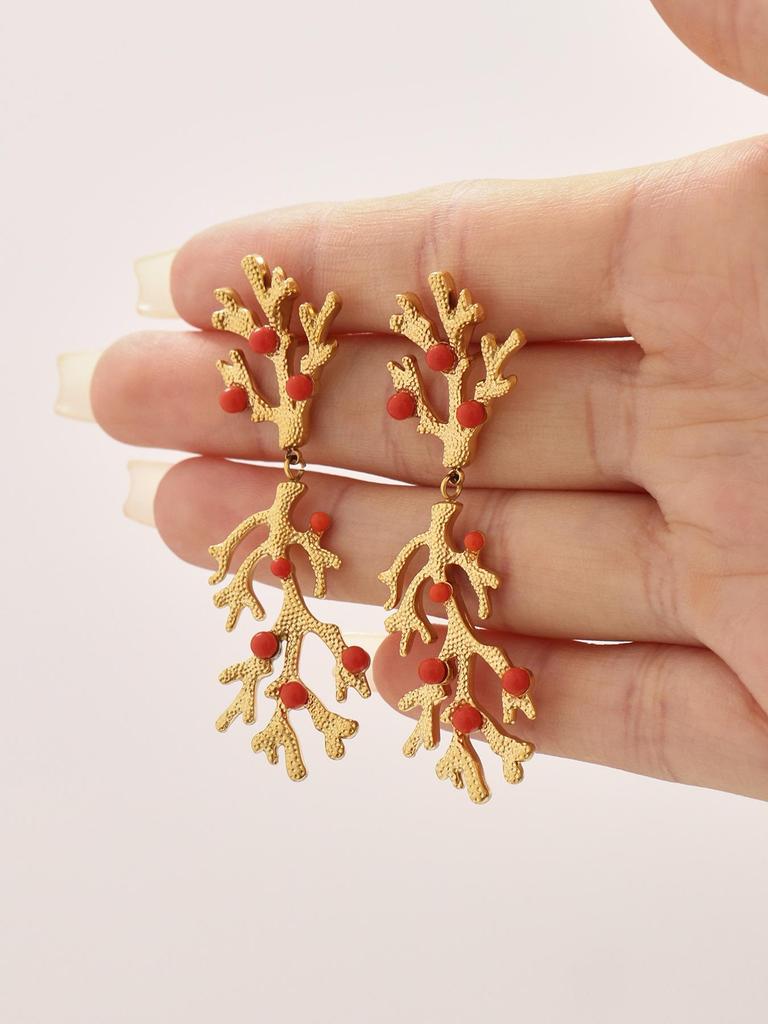 18k Gold-Plated Delicate Coral Red Bead Earrings with Stainless Steel for Women