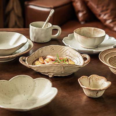 Coarse Pottery Tableware Collection Tea Series Bowl Set Retro Household Large Bowl Plate Ceramic Plate