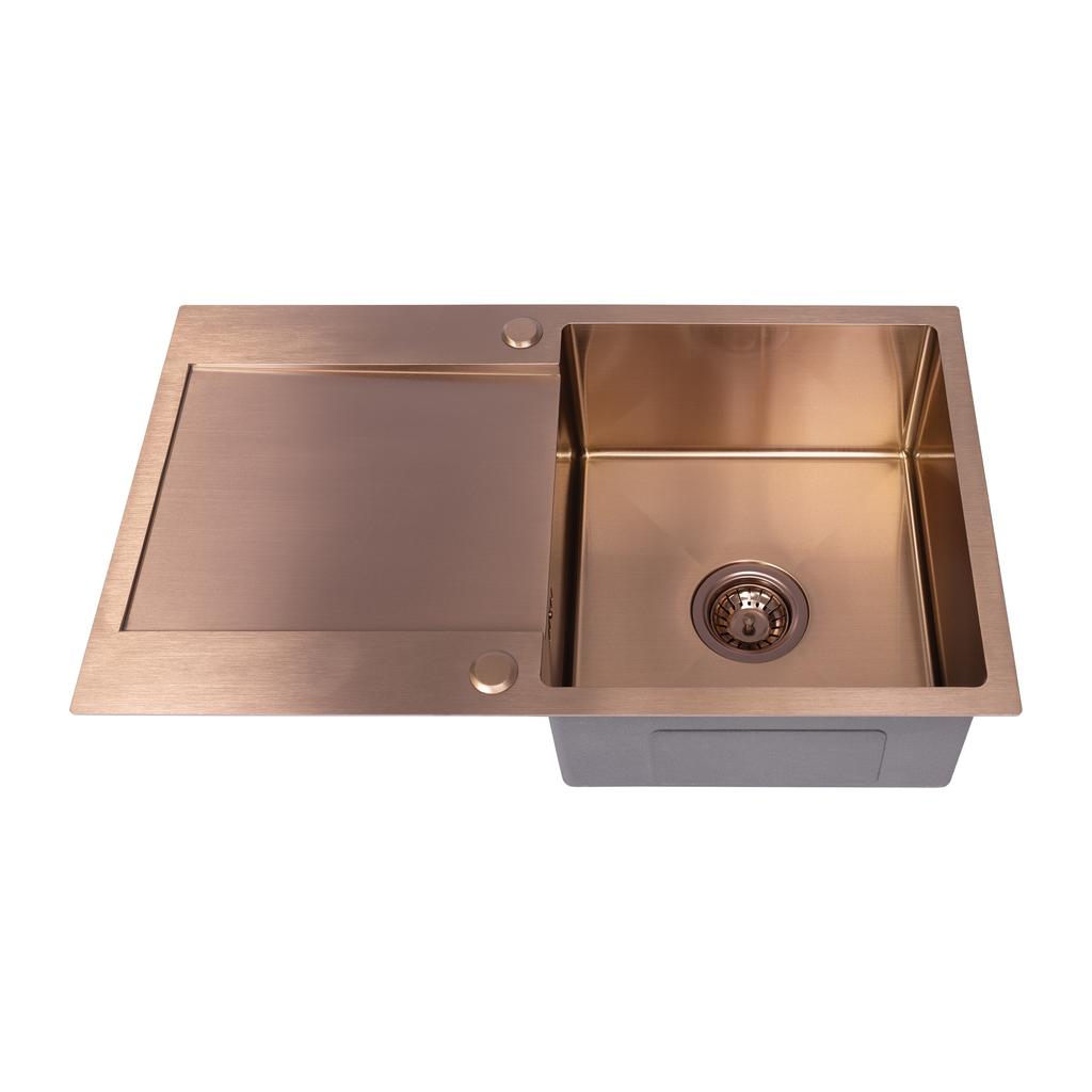 Single Bowl Stainless Steel Sink with Drainer and Siphon Copper Marmara