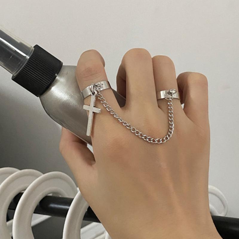 Y2K Little Devil Heart Wing Ring for Women Men Gothic Dark Cross Chain Pendant Love Crystal Opening Two Fingers Fashion Jewelry