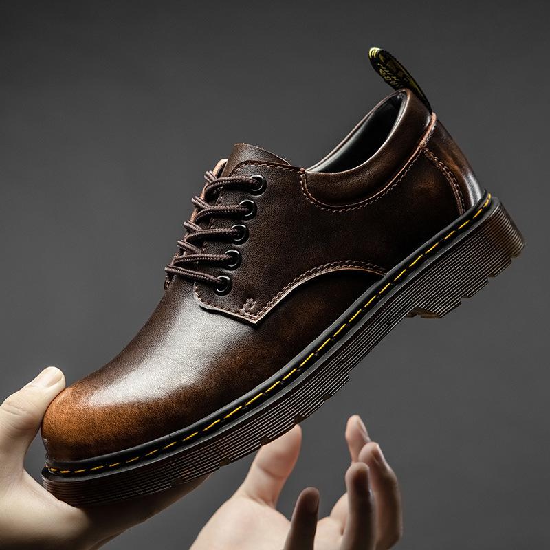 Big Men's Casual Leather Low-top Large-size Large-head Tooling Boots Breathable and Versatile British Beef Tendon Soles Small Leather Shoes