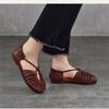 Johnature Genuine Leather Round Toe Soft Soled Flat Sandals Retro Pleated Women's Shoes