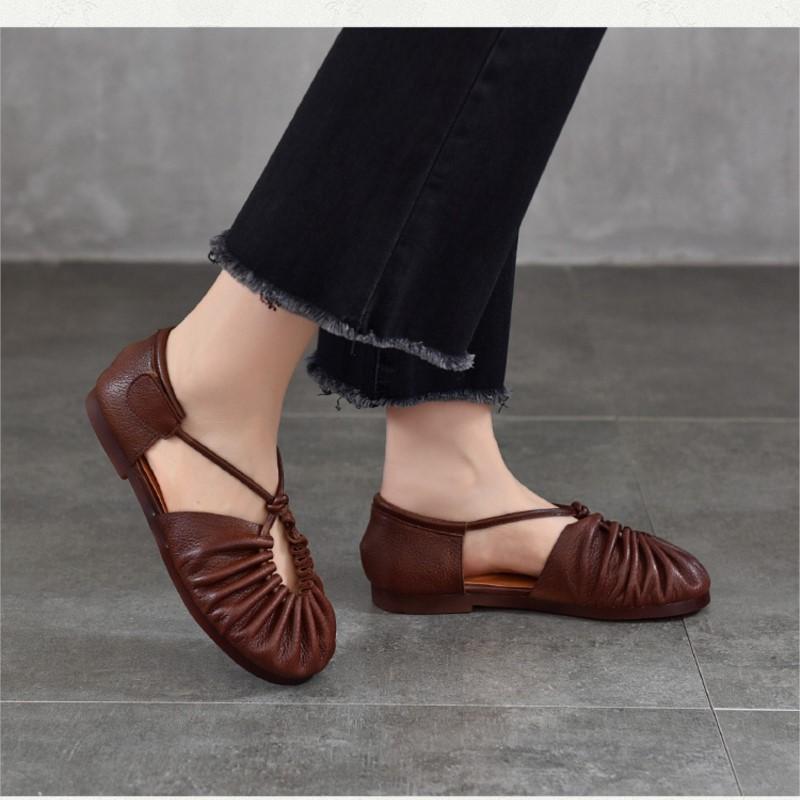 Johnature Genuine Leather Round Toe Soft Soled Flat Sandals Retro Pleated Women's Shoes