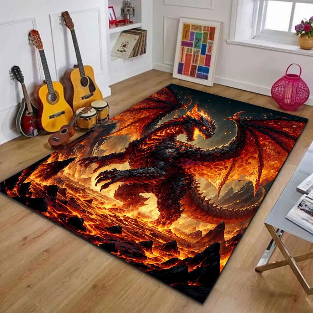 "Fiery Lava Dragon in Volcanic Landscape" Patterned carpet, suitable as a non slip play mat for the living room and bedroom sofa
