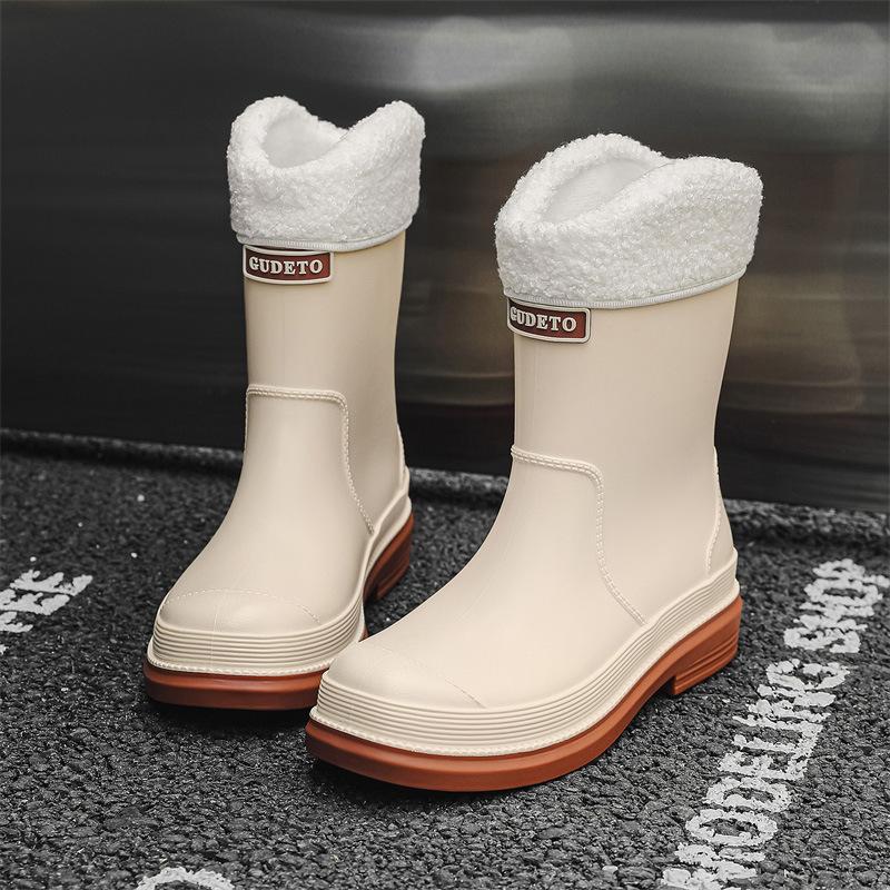 Non-slip women's rain shoes adult medium tube women's waterproof water shoes outdoor kitchen work rain boots velvet rubber shoes