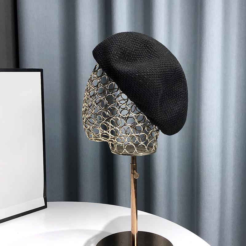 Sommer Tynn Stil Flettet Beret for Kvinner, Vår og Sommer, Liten, Japansk, Liten, Frisk, Hul, Pustende, Beret Kunstnerhatt