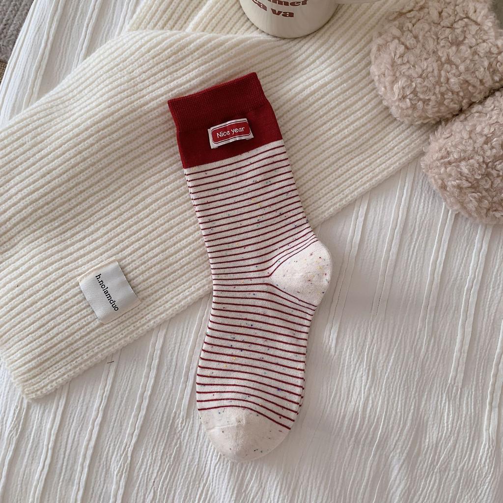 New Year'S Big Red Socks New Year Cloth Label Boneless Socks Embroidered Letter Bow Socks