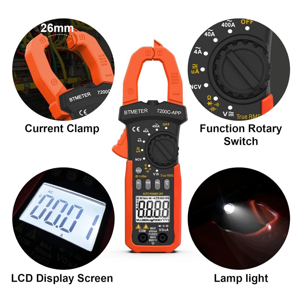 BTMETER BT-7200CAPP Digital Clamp Meter Auto Range 4000 TRMS AC DC Voltmeter Ammeter Ohm Capacitance Frequency Tester with Data Export Mini Multi