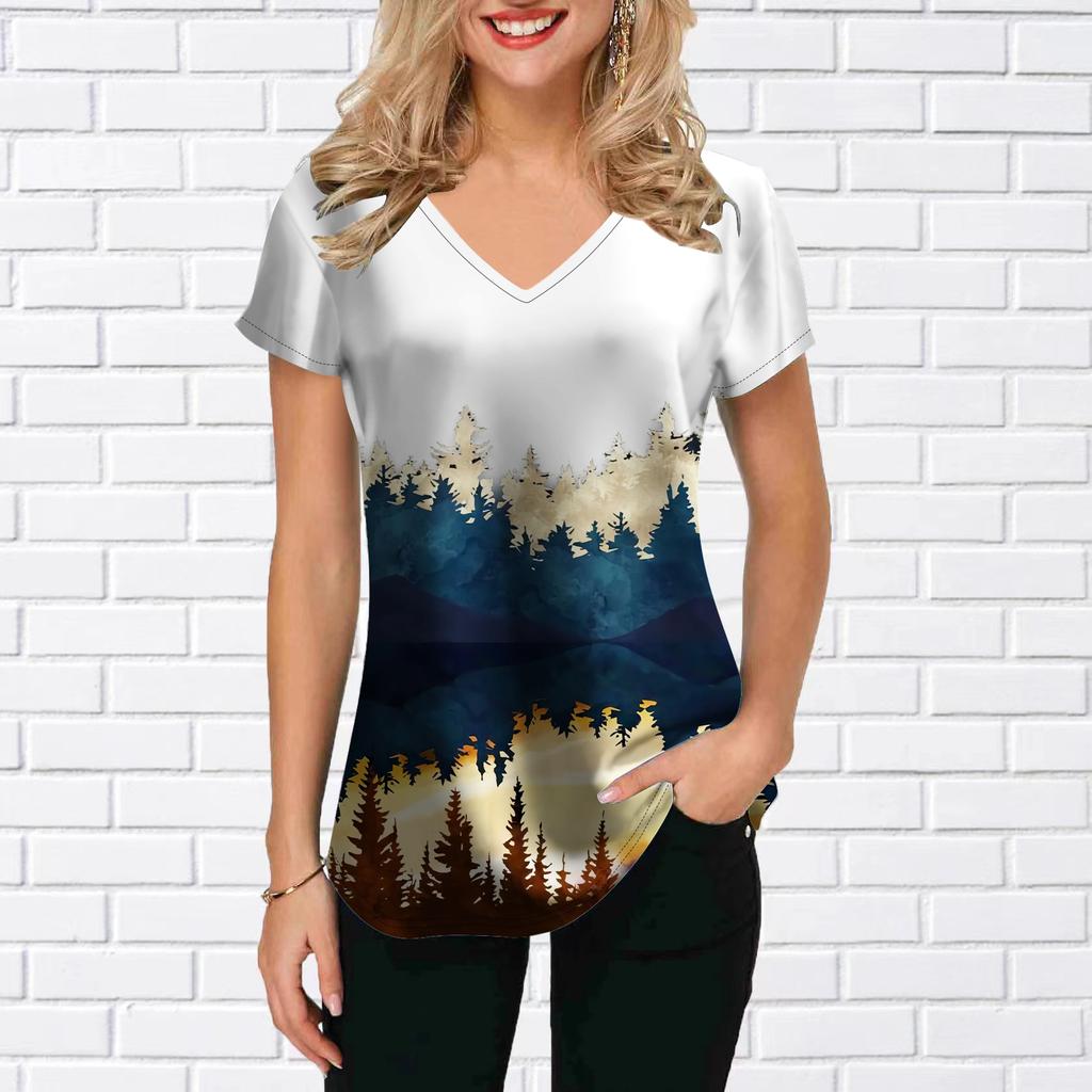 Top da donna a maniche corte con scollo a V, stampato con girasoli, alte creste e montagne imponenti, t-shirt ampia, blusa casual
