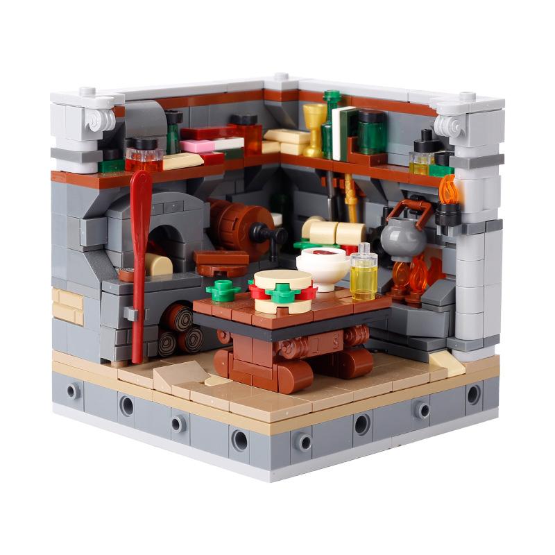 MOC Medieval Furniture Pharmacist Wine Barrel Bar Scrolls Cabinet Building Blocks Piano Bookshelf Paper Map Bedrooms Bricks Toys