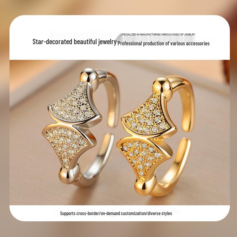 Adjustable Apricot Leaf Diamond Open Ring in Gold & Silver - Women's Fan Shape Index Finger Ring
