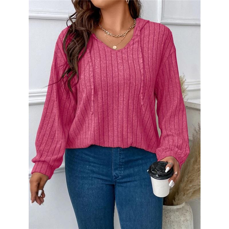 Pullover Women's Solid Color Large Size Comfortable Blouse V-neck Hooded Long-sleeved Pit Strip Brushed T-shirt Loose And Casual