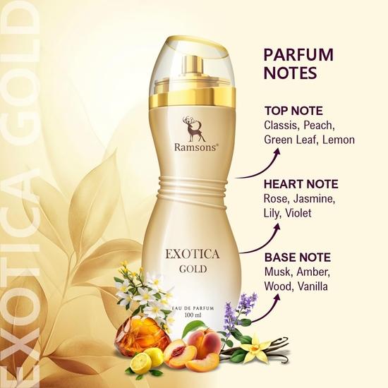 Ramsons - EXOTICA GOLD Eau De Parfum | 100 ML | Perfume For Women | TN - Cassis, Peach | MN - Jasmine, Rose | BN - Musk, Amber