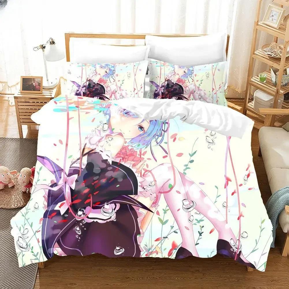 3D Print Cartoons Rem Ram Bedding Set Life In a Different World from Zero Anime Duvet Cover Sets Comforter Bed Kids Bedclothes
