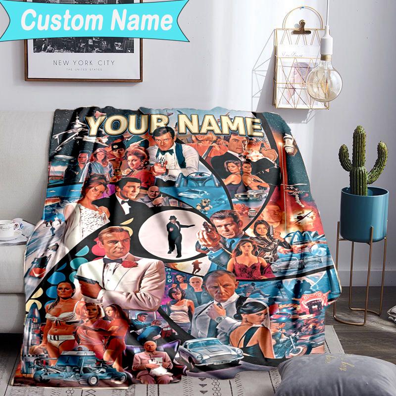 Custom Name Blanket James Bond Movie Collage Blanket Bedding Blanket for Travel, Camping, Living Rooms, Offices, Sofas, Fan Christmas Gift