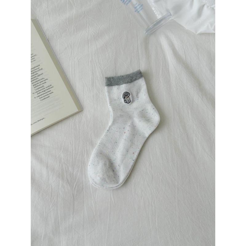 Sock Children's Summer Embroidery Dog Mid-length Socks, Cute Fabric Label, School-style Striped Pile Socks