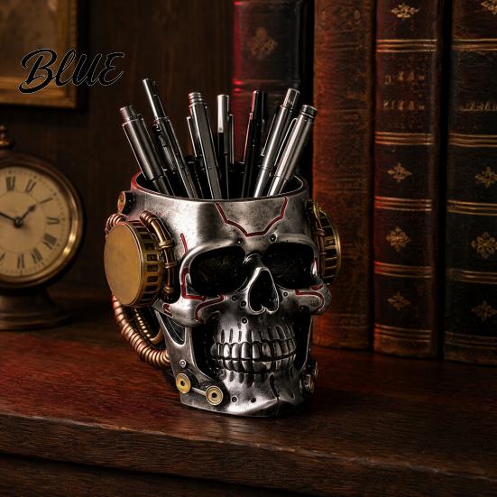 Skull Shaped Desk Accessory Pen Holder, Spooky Resin Makeup Brush Holder Multi-functional Desktop Organizer for Home Office, Halloween Decor