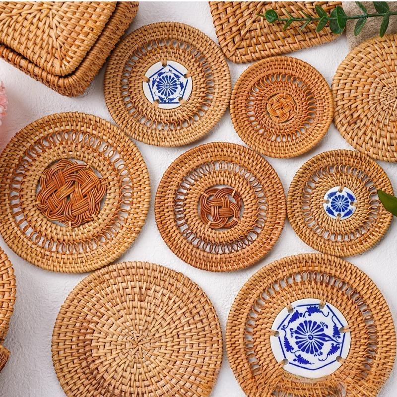Autumn Rattan Woven Coaster Tea Set Accessories Thermal Insulation Mat Bowl Mat Dining Table Mat